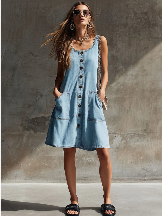 Womens Sleeveless Denim Dress - Button-Front Scoop Neck A-Line Dress